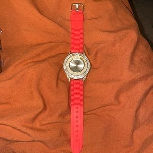 Geneva Quartz Gold Face Watch with Red Rubber Wristband